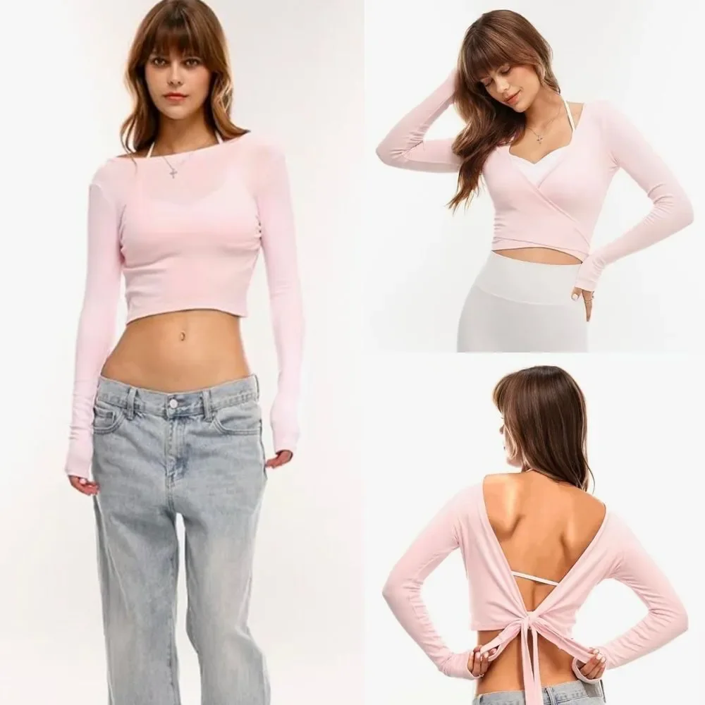 ☔️🔸️🅰️NWT Pink Reversible Crisscross Tie Long Sleeve Top Medium